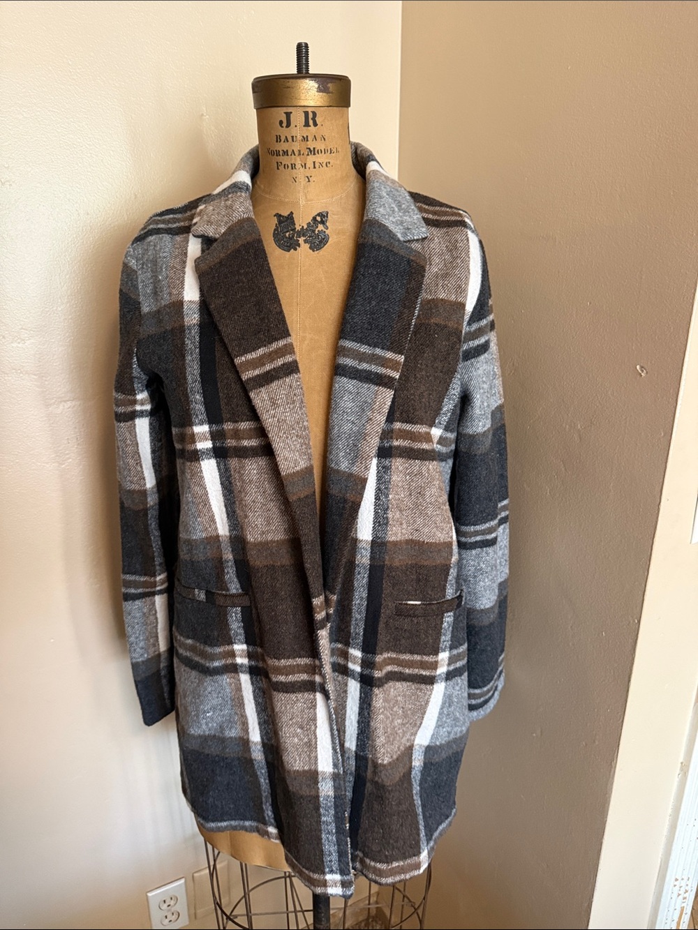 HAVE Plaid Coatigan Open Front Longline Jacket Gray Brown Medium